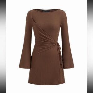 NWOT CIDER BOAT NECK WRAP RUCHED KNOTTED BELL SLEEVE MINI DRESS-Size XL-Brown